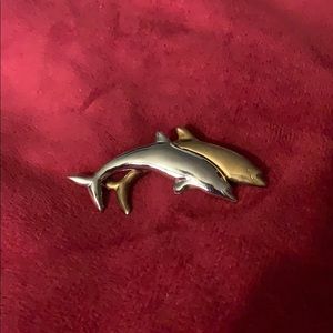 LC Gold and Silver Tone Double Dolphin Brooch